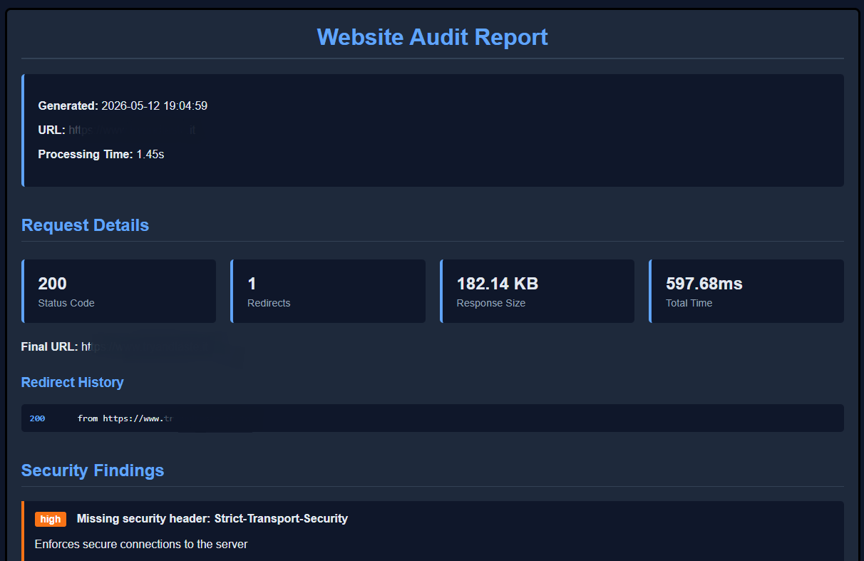 Image of the SEO Audit Tool output for a website